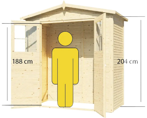 Abbildung eines Gartenhauses aus Holz mit geöffneten Türen und Größenangaben