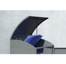 Mülltonnenbox mit geöffnetem Deckel und blauer Mülltonne