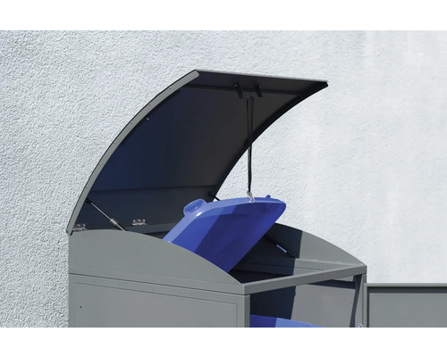 Mülltonnenbox mit geöffnetem Deckel und blauer Mülltonne