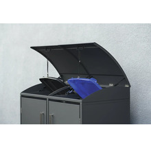 Mülltonnenbox mit zwei Mülltonnen und geöffnetem Deckel