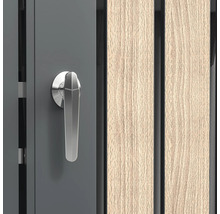 Detailansicht einer Tür mit Griff und Holzpaneelen