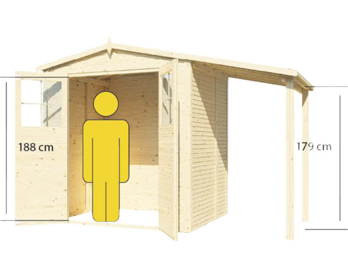 Abmessungen eines Holzgartenhauses mit einer Türhöhe von 188 Zentimetern und einer Höhe des Vordachs von 179 Zentimetern