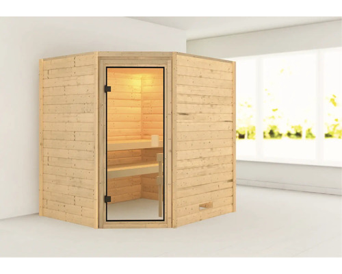 Blockbohlensauna Karibu Elea ohne Ofen und Dachkranz mit bronzierter Ganzglastüre Ecksauna aus Holz mit Glastür und Innenbeleuchtung