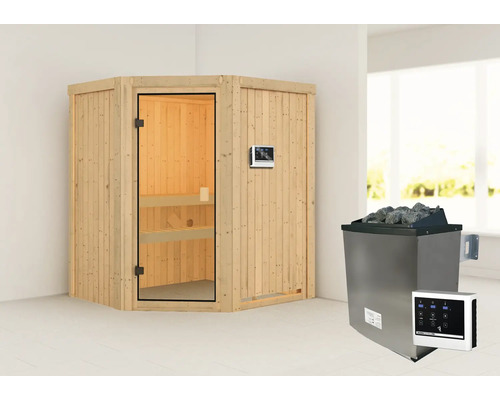 Ecksauna aus Holz mit Steuergerät und Saunaofen