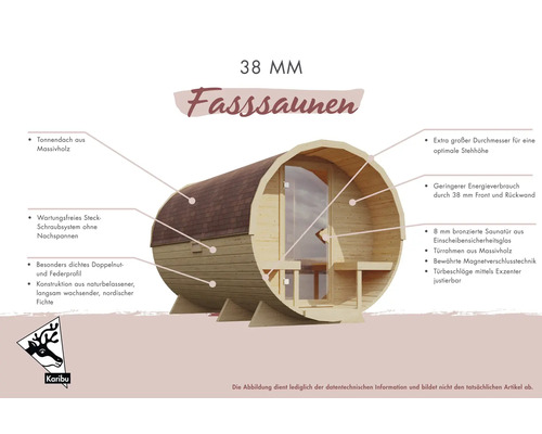 Querschnitt einer Fasssauna aus Holz mit Glastür der Marke Karibu