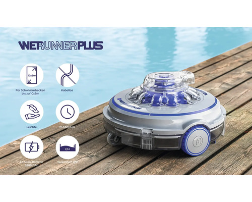 Werunner Plus Poolreinigungsroboter für Schwimmbecken bis 10x5 Meter, kabellos mit Lithium Batterie und 2,5 Liter Tankinhalt.