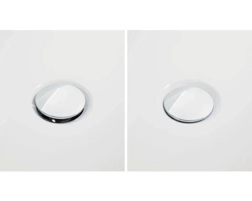 Zwei Waschbeckenstöpsel aus Chrom auf weißem Untergrund