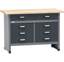 Werkbank mit Schubladen und Holzplatte
