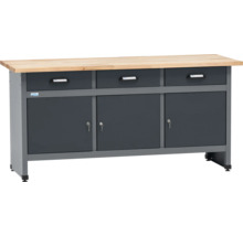 Werkbank mit drei Schubladen, drei Türen und abschließbaren Fächern.