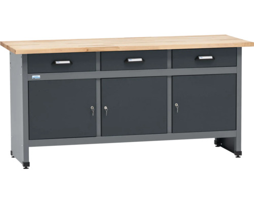 Werkbank mit drei Schubladen, drei Türen und abschließbaren Fächern.