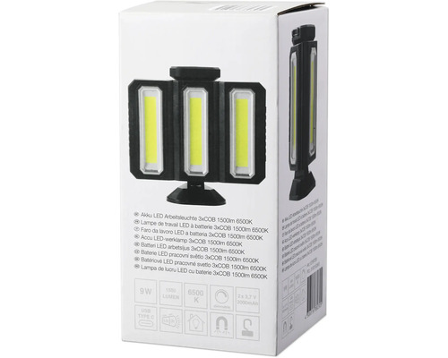 Verpackung einer Akku LED Arbeitsleuchte mit 3xCOB, 1500 Lumen und 6500 Kelvin