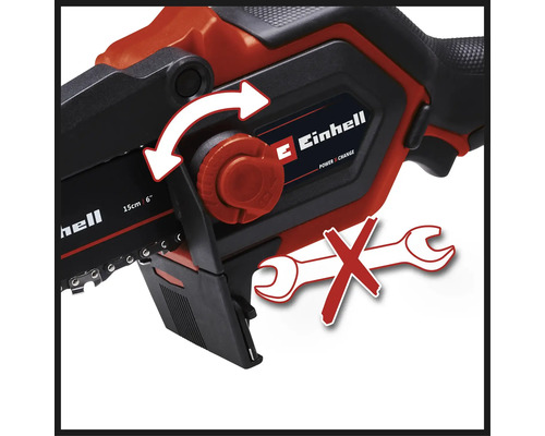 Einhell Logo. Abbildung zeigt eine Kettensäge mit einer Markierung, die darauf hinweist, dass kein Werkzeug für die Installation oder Wartung benötigt wird.