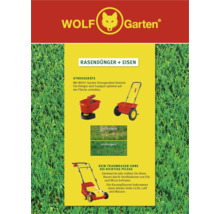 Wolf Garten Logo. Rasendünger plus Eisen mit Streugeräten und Vertikutierer für die Rasenpflege.