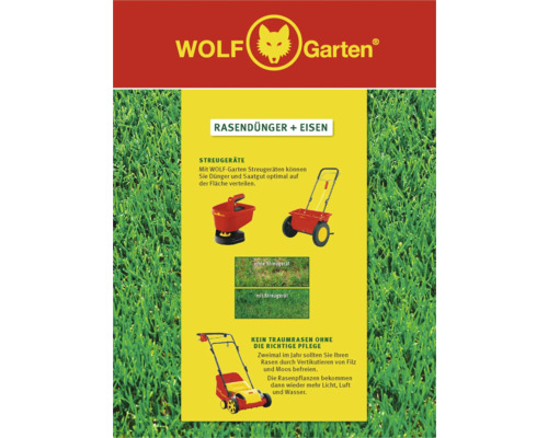 Wolf Garten Logo. Rasendünger plus Eisen mit Streugeräten und Vertikutierer für die Rasenpflege.