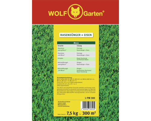 Wolf Garten Rasendünger plus Eisen, 7,5 Kilogramm für 300 Quadratmeter