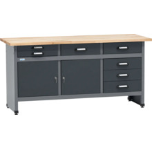 Werkbank mit Holzplatte, Schubladen und Schrankfächern