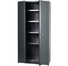 Grauer Stahlschrank mit Einlegeböden und geöffneten Türen