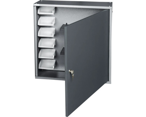 Grauer Werkzeugschrank mit Tür, Schlüssel und Regaleinsätzen