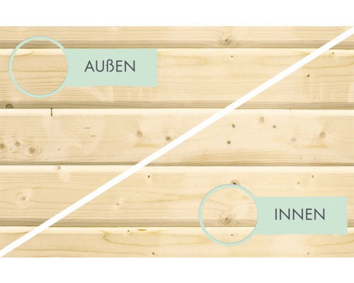 Holzfassade mit Kennzeichnung für Außen und Innen