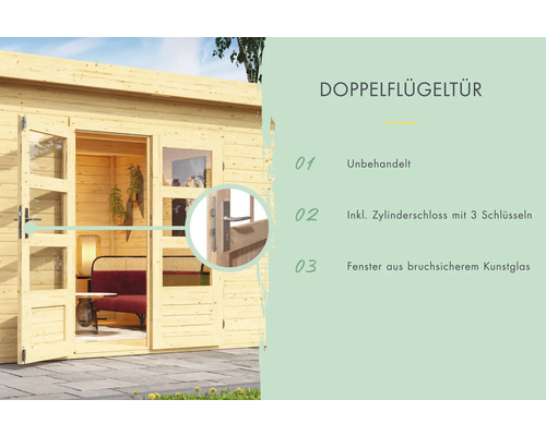 Doppelflügeltür aus Holz mit Fenstern aus bruchsicherem Kunststoffglas, unbehandelt und inklusive Zylinderschloss mit drei Schlüsseln