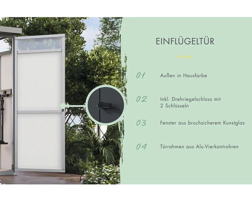 Einflügeltür mit Drehriegelschloss und Fenster aus bruchsicherem Kunstglas