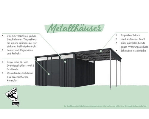 Metallgartenhaus mit Trapezblechdach, Stahl Dachleisten, umlaufendem Lichtband und extra hoher Tür