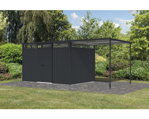 Metall Gerätehaus mit Überdachung im Garten