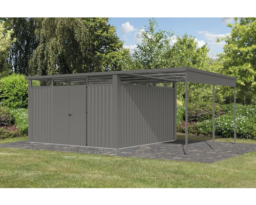 Gartengerätehaus mit Überdachung im Außenbereich.
