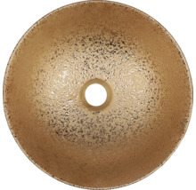 Aufsicht auf ein rundes Waschbecken aus goldfarbenem Material mit Abflussloch