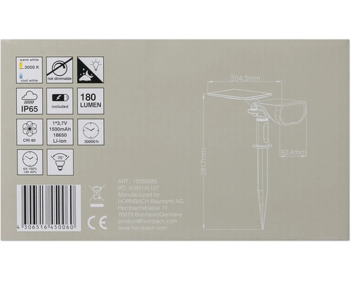 Informationen zur Solarleuchte mit technischen Details und Symbolen