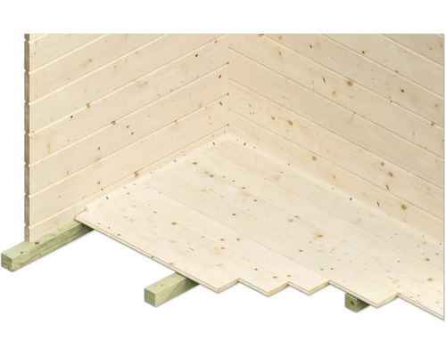 Detailansicht des Holzfußbodens und der Holzwand eines Gartenhauses.