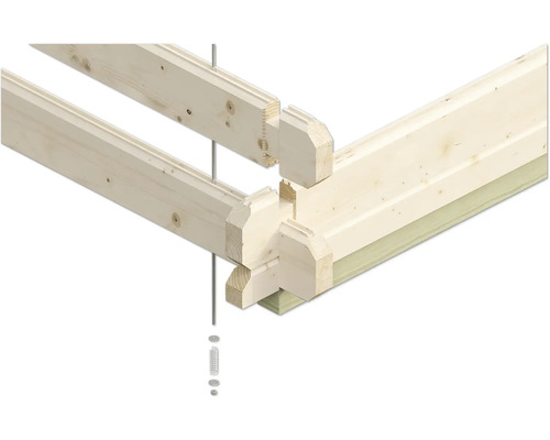 Detailansicht einer Holzkonstruktion mit Verbindungselementen
