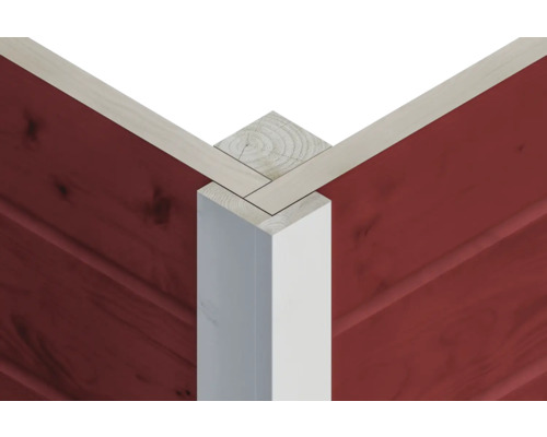 Detailansicht einer Eckverbindung aus Holz mit roter Wandverkleidung
