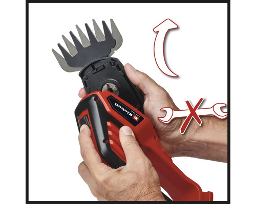 Einhell Logo. Gras- und Strauchschere mit Messerwechsel ohne Werkzeug.