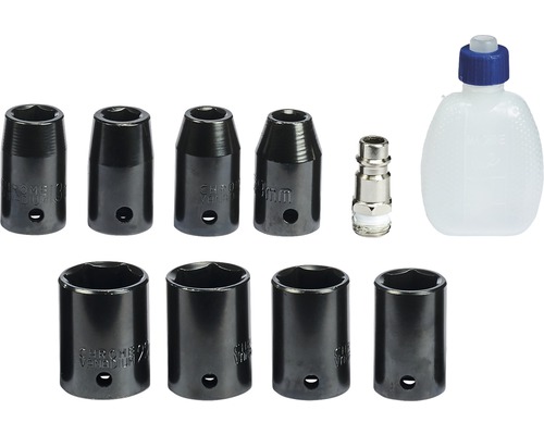 Steckschlüsselsatz mit Steckschlüsseleinsätzen, Schnellkupplung und Ölflasche