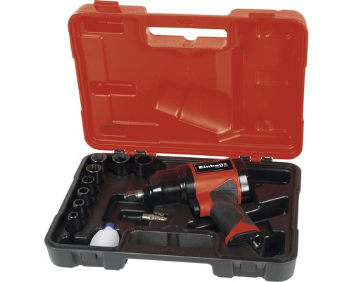 Einhell Druckluft-Schlagschrauber mit Zubehör in einem roten Werkzeugkoffer