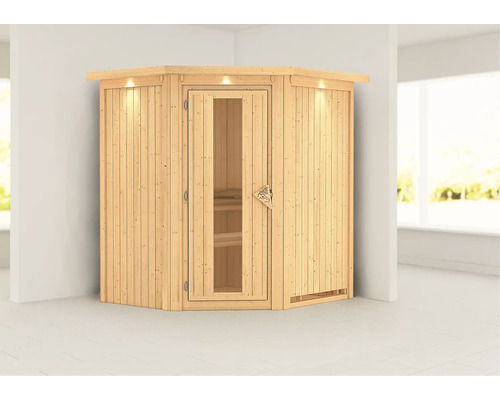Ecksauna aus Holz mit Glastür und Innenbeleuchtung für den Innenbereich
