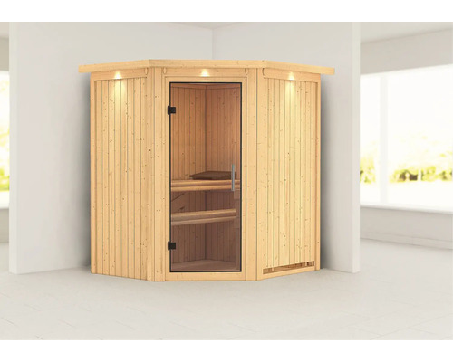 Ecksauna aus Holz mit Glastür