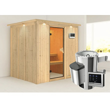 Holzsauna mit Glastür und Saunaofen mit Steuerung