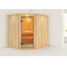 Ecksauna aus Holz mit Glastür und Innenbeleuchtung