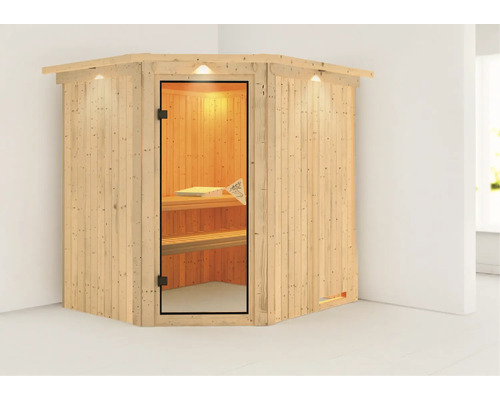Ecksauna aus Holz mit Glastür und Innenbeleuchtung