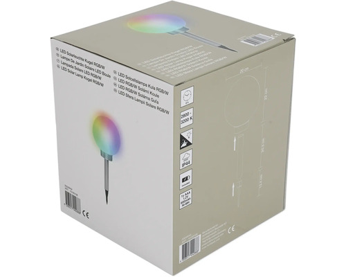 Verpackung einer LED Solarleuchte Kugel für den Garten mit Farbwechsel