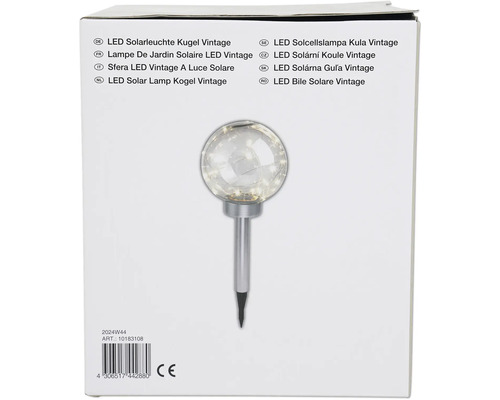 Verpackung einer LED Solarleuchte in Kugelform im Vintage Design