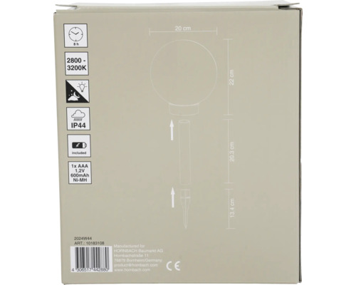 Verpackung einer Gartenleuchte mit Produktdetails und technischen Informationen.