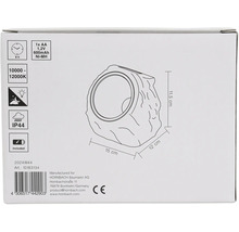 Verpackungsaufdruck einer Gartenleuchte mit acht Stunden Leuchtdauer, IP44 Schutzart und inklusive Batterie.