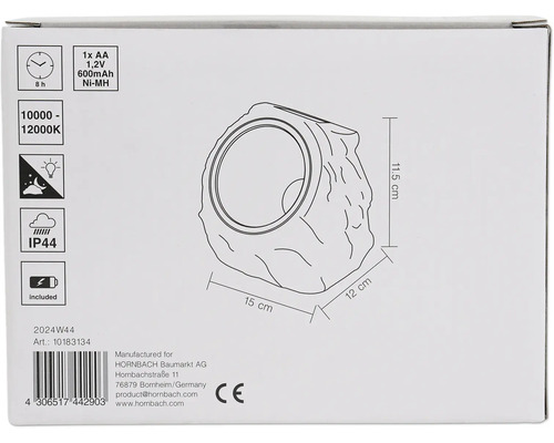 Verpackungsaufdruck einer Gartenleuchte mit acht Stunden Leuchtdauer, IP44 Schutzart und inklusive Batterie.