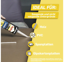 Pattex Montage Power Kleber für saugende und nicht saugende Untergründe wie Holz, PVC, Spanplatten und Gipskartonplatten.