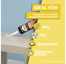 Pattex Montagekleber Super Power ideal für saugende und nichtsaugende Untergründe wie Holz, PVC, Spanplatten und Gipskartonplatten