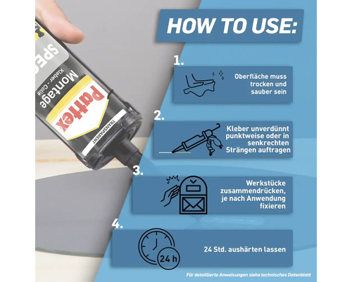 Anleitung zur Verwendung von Montagekleber: Oberfläche reinigen, Kleber auftragen, Werkstücke fixieren und 24 Stunden aushärten lassen.