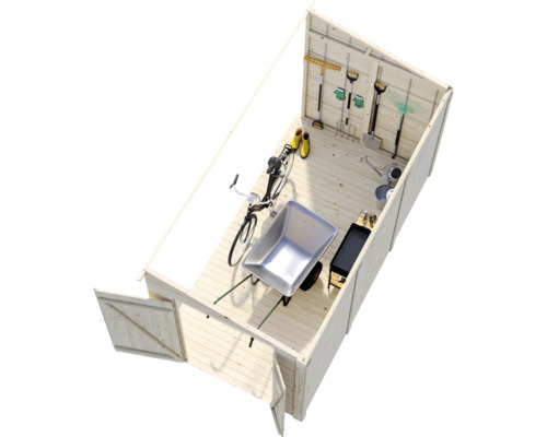 Aufgeräumter Geräteschuppen mit Fahrrad, Schubkarre und Gartengeräten.